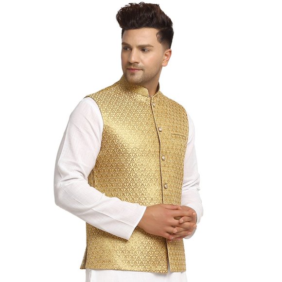 Sleeveless Traditional Brocade Silk Fabric Dark Golden Nehru Jacket by Treemoda - Picture 2 of 5